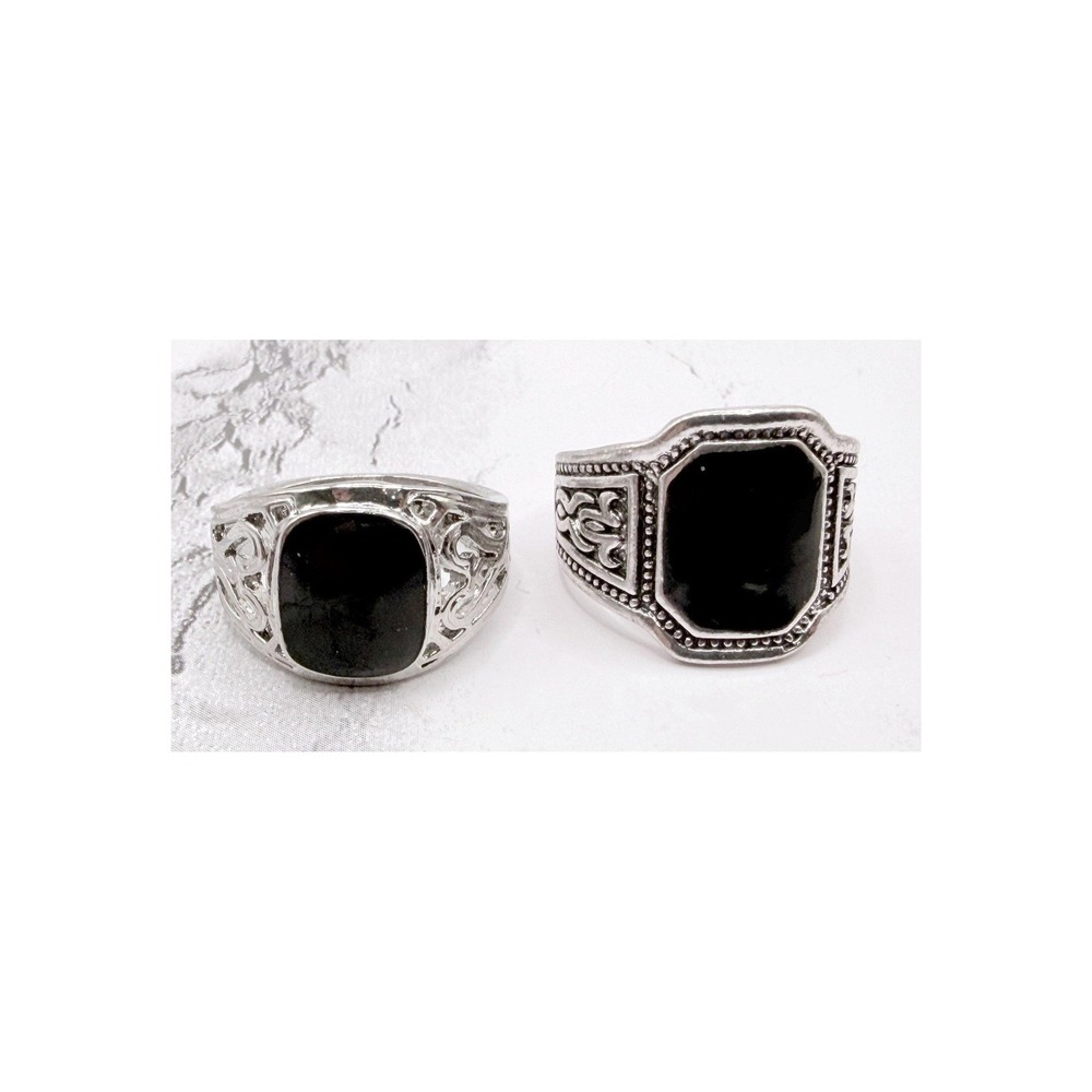 Black Glass Goth Ring Set of 2 Silver Tone Size 9.25 New Unworn